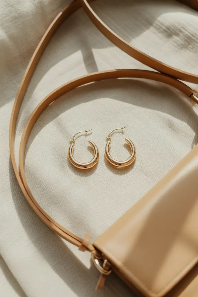 Gold hoop earrings flat lay with capsule wardrobe accessories