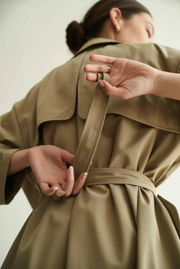 Hands tying a stone trench coat belt at the back in a relaxed knot for modern styling.
