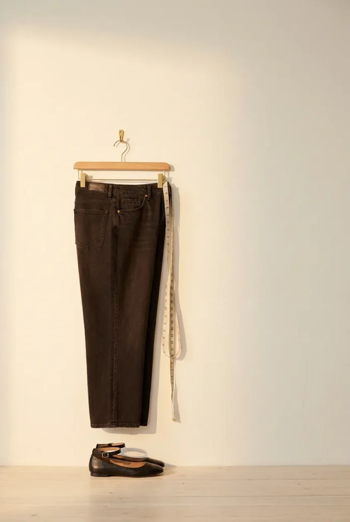 High-rise petite jeans on wooden hanger showing correct ankle gap proportion above ballet flat.