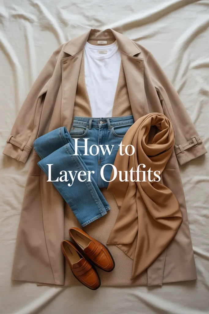 How to layer outfits flat lay with white tee, beige cardigan, stone trench coat, straight-leg jeans, and loafers
