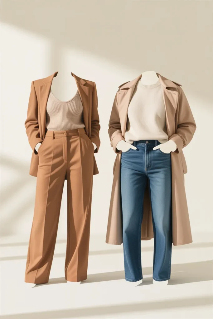 How to layer outfits with proportion balance, wide-leg trousers with slim layers and straight jeans with oversized sweater