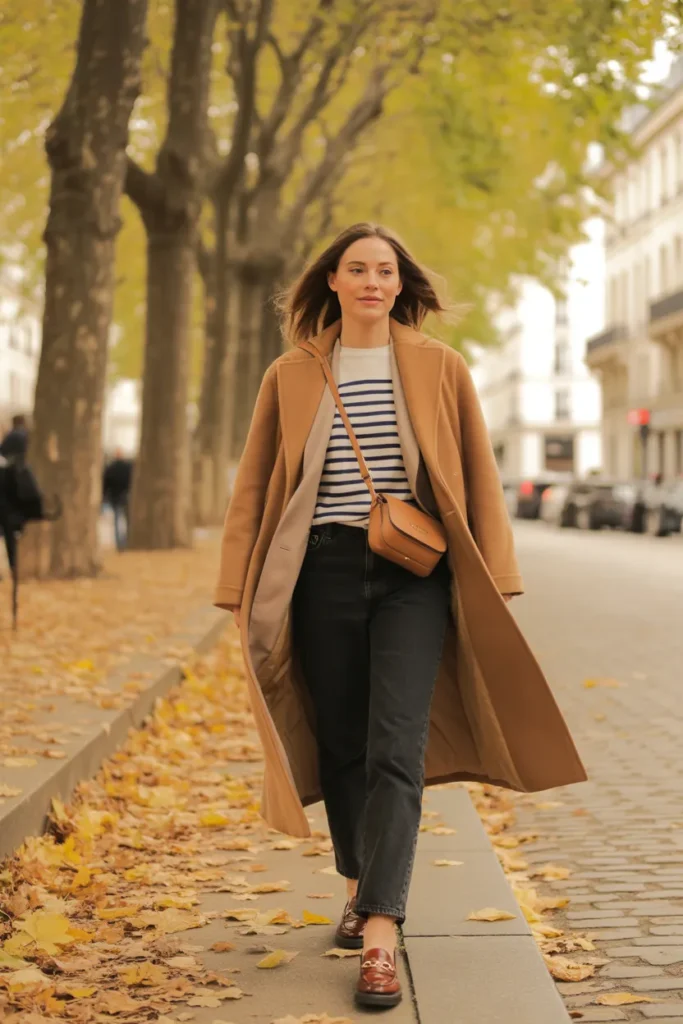 Layered fall French girl style outfit with wool overcoat, trench, Breton, jeans, and loafers