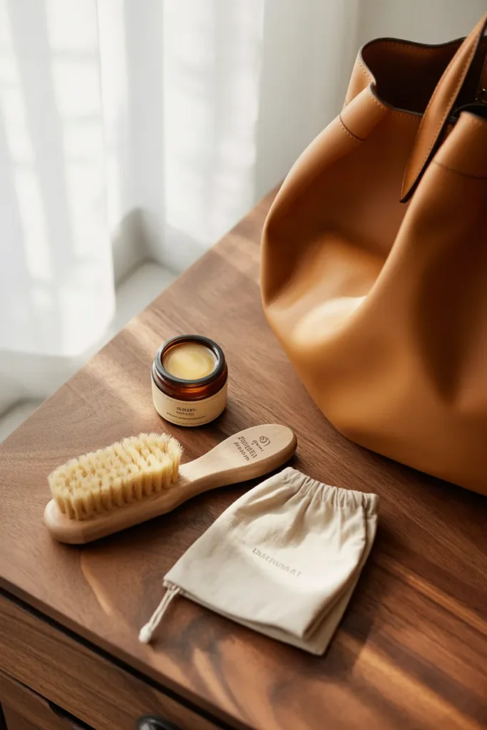 Leather care supplies and dust bag for maintaining capsule wardrobe handbags