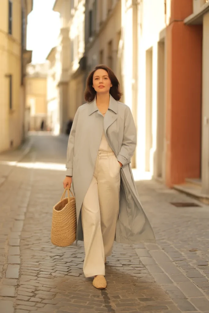 Lightweight stone trench coat styled with cream wide-leg pants and straw tote for spring capsule outfit.