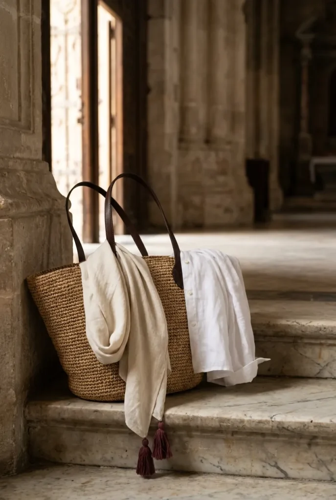 Linen scarf and white shirt on a marble church step, packable shoulder cover for Italy dress code