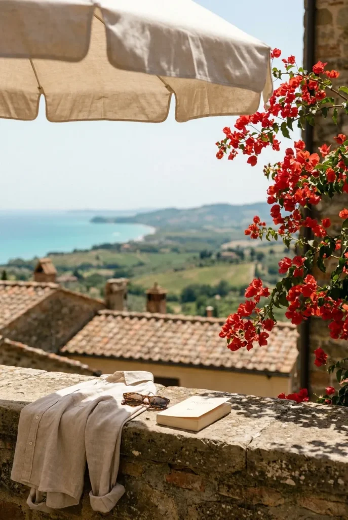 Linen shirt and sunglasses on a stone ledge above Italian rooftops, hills and coast in summer heat