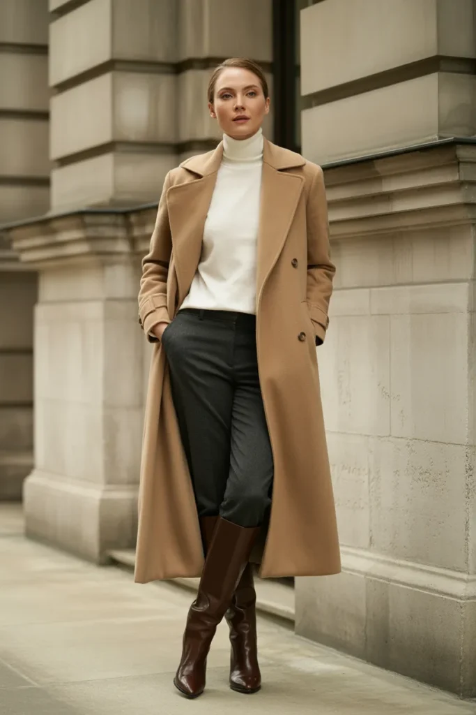 Long camel wool-blend trench coat outfit with turtleneck and knee boots in old money winter aesthetic.