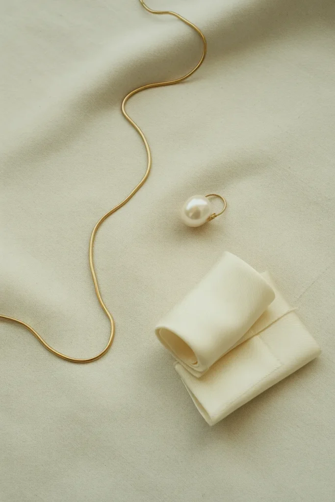 Minimalist accessory flat lay with gold chain, pearl earring, and ivory silk scarf for capsule wardrobe styling.