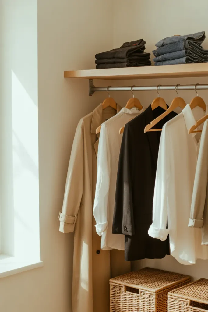 Minimalist neutral capsule wardrobe organized in a French style closet
