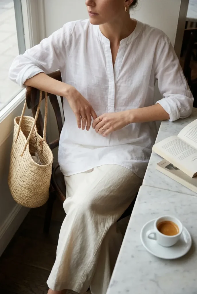 Modest summer outfit with cream linen wide-leg trousers, white cotton voile tunic, and straw tote at a café.