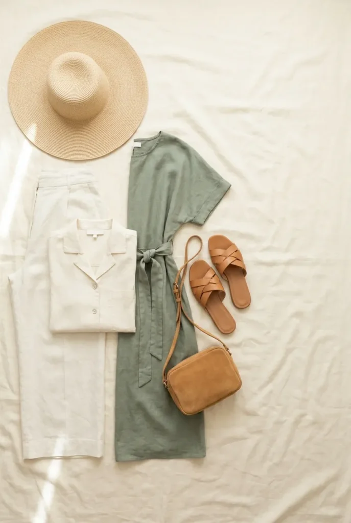 Modest summer outfits flat lay with linen trousers, sage midi dress, straw hat, and tan sandals on ivory linen.