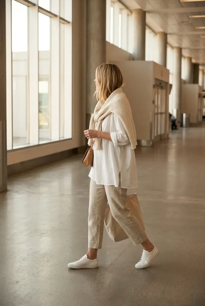 Modest summer travel outfit with oat linen trousers, cream tunic, white sneakers, and cardigan in airport.