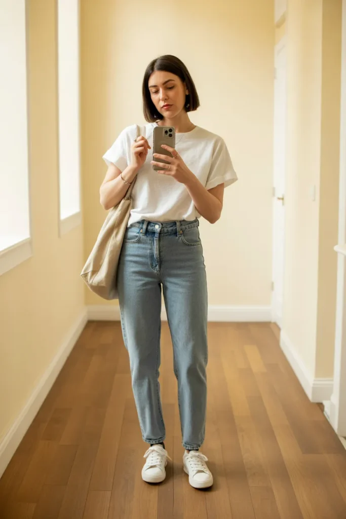 Mom capsule wardrobe outfit with white tee, straight-leg jeans, white sneakers, and canvas tote in sunlit hallway.