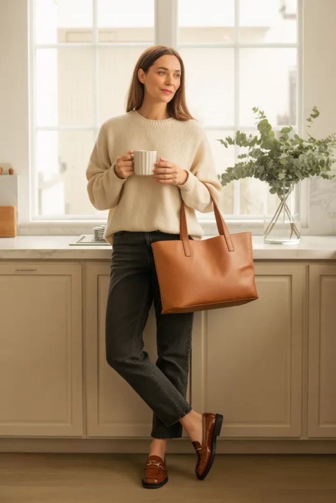 Mom in cream sweater, jeans, and loafers holding coffee in neutral kitchen with morning light.