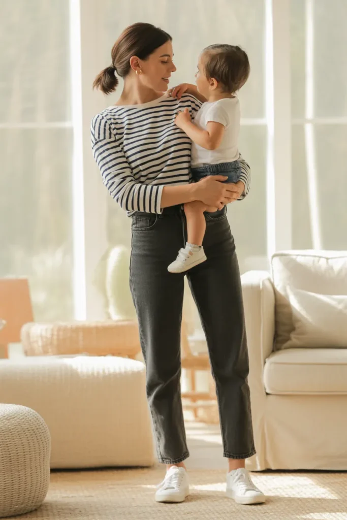 Mom in navy striped tee, jeans, and white sneakers holding toddler in sunlit living room.