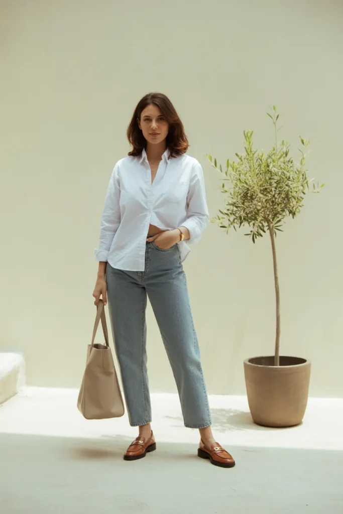 Mom in white button-down, jeans, and loafers with tote bag against neutral wall with olive tree.