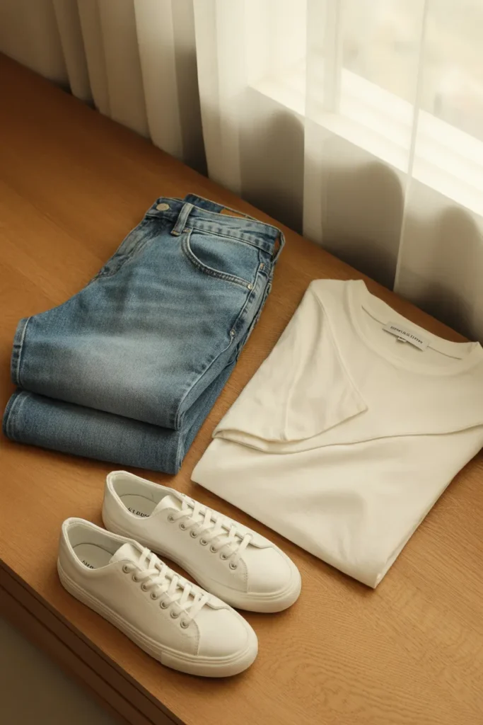 Mom outfit basics with straight-leg jeans, white tee, and white sneakers folded on oak background.