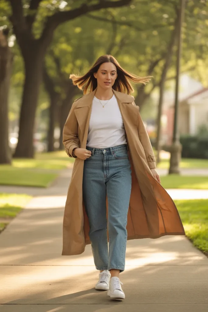 Mom wearing tan trench coat, white tee, jeans, and white sneakers on neighborhood sidewalk in golden light.