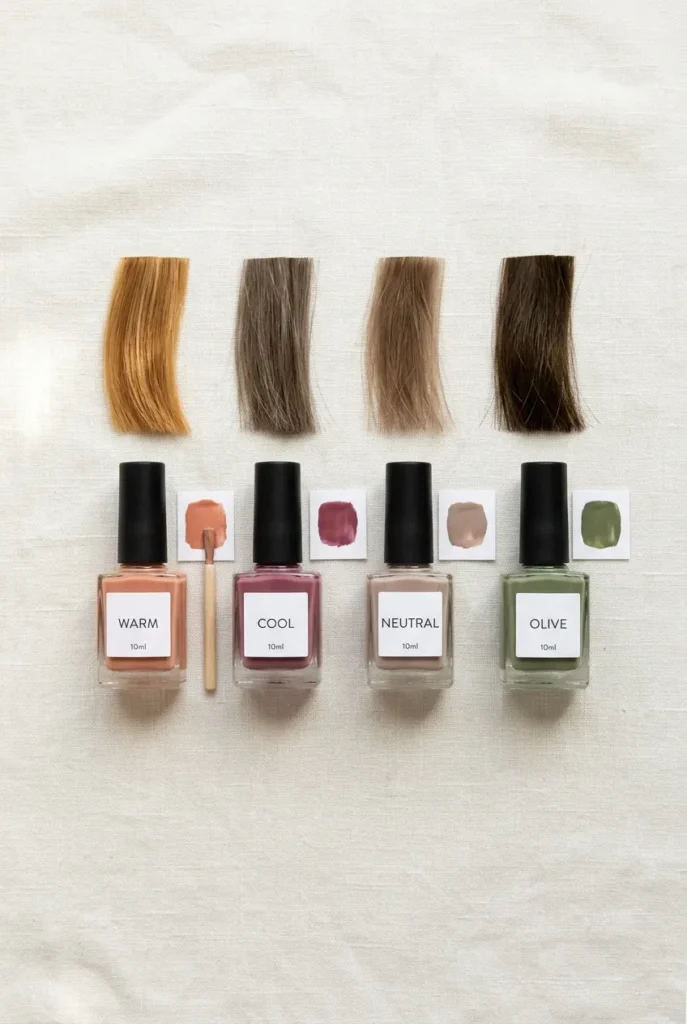 Nail colors and hair tones for your skin tone matched to wardrobe palette