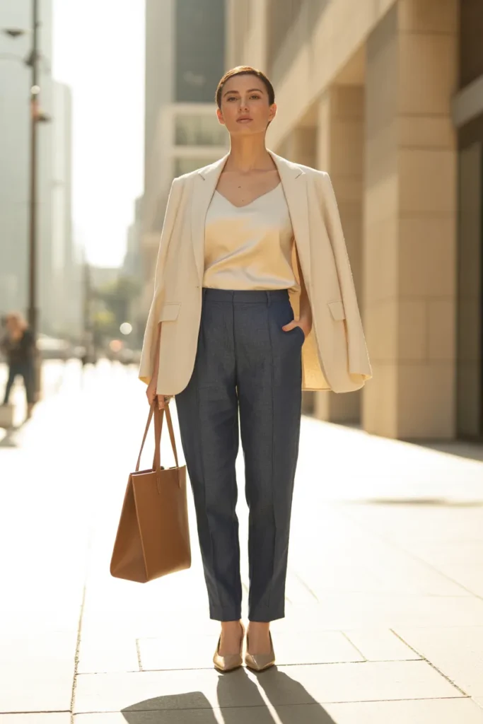 Navy linen pants office outfit with structured blazer and silk camisole for business casual styling
