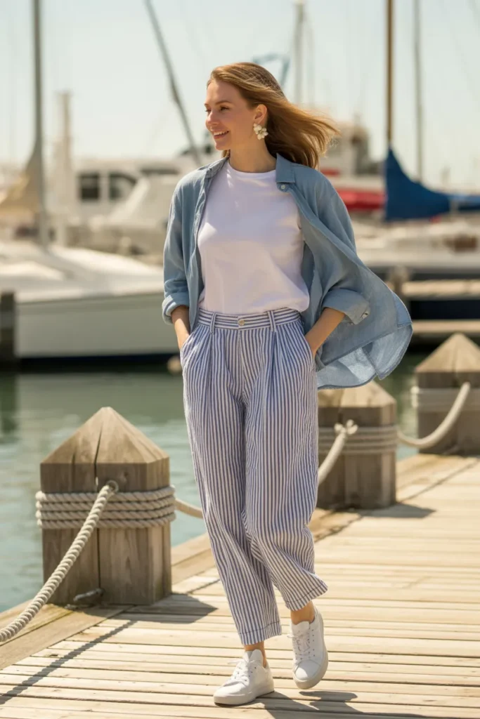 Navy striped linen pants coastal outfit with white tee and chambray shirt for summer capsule styling