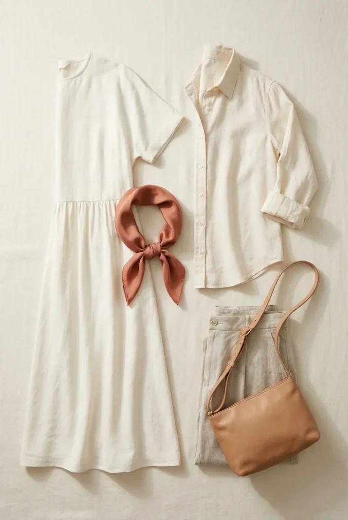 Neutral capsule color palette flat lay with ivory cream and oat pieces and one terracotta scarf accent.