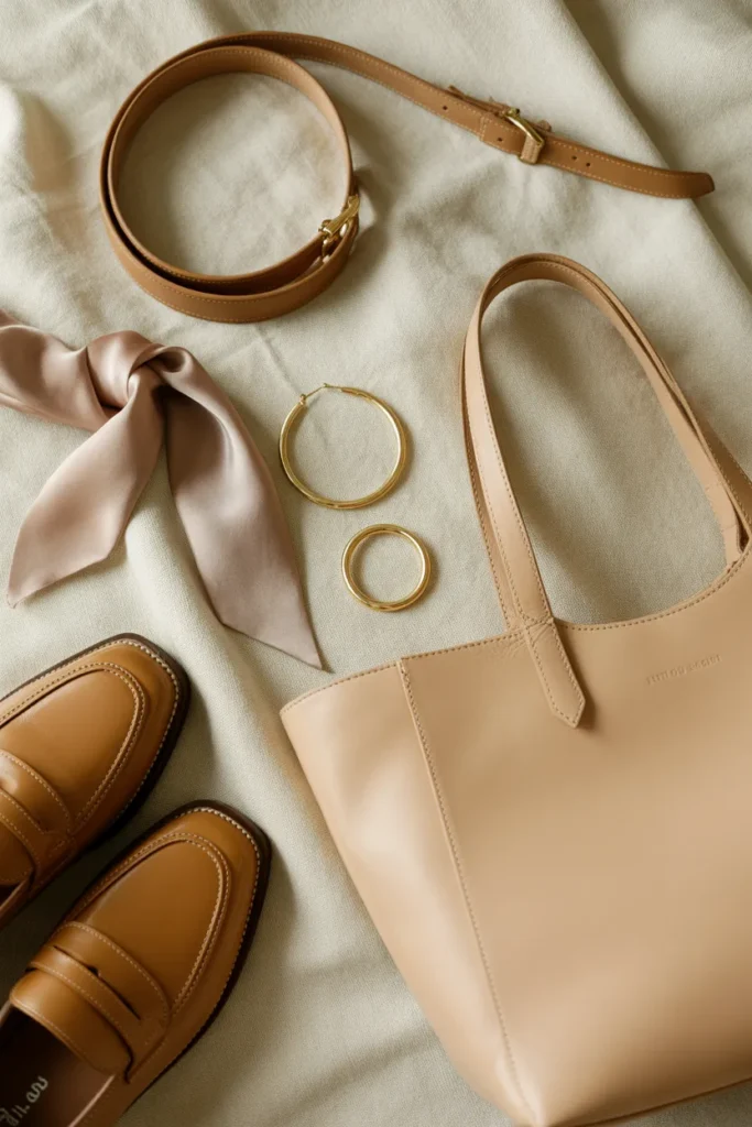 Neutral capsule wardrobe accessories flat lay with belt, loafers, tote, and gold jewelry