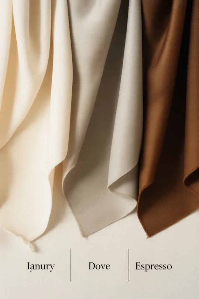 Neutral capsule wardrobe color palette with warm cream, cool gray, and espresso anchor tones