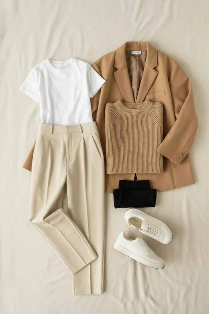 Neutral capsule wardrobe flat lay with cream, camel, and oat essentials on linen background