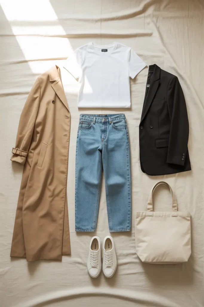 Neutral capsule wardrobe for moms flat lay with white tee, jeans, trench, sneakers, and tote on cream linen.
