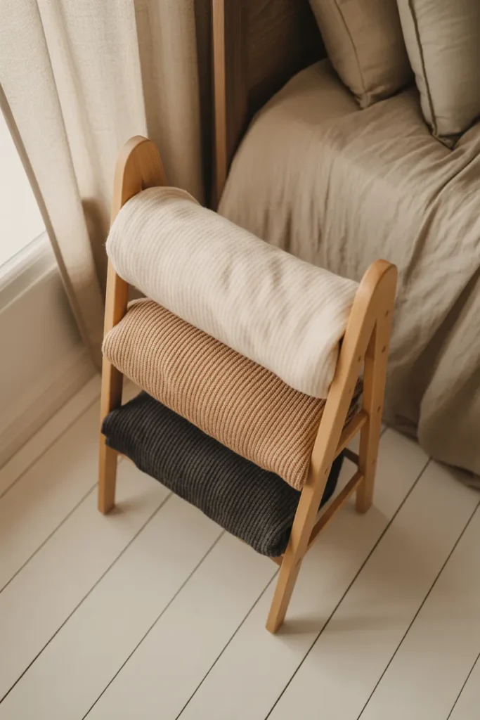 Neutral capsule wardrobe sweaters folded on wooden rack for closet declutter inspiration
