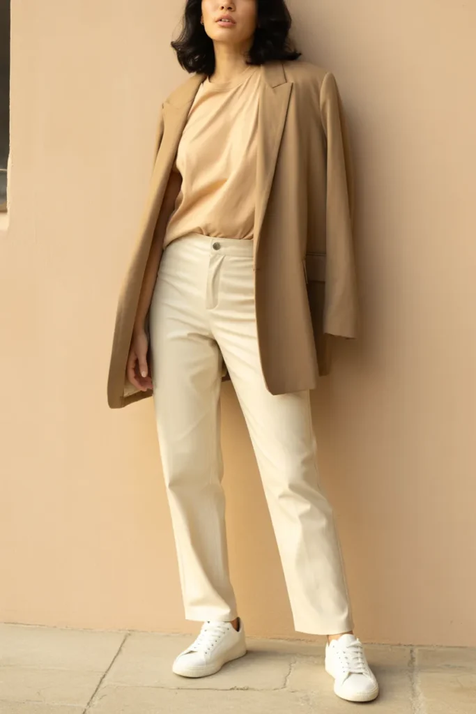 Neutral outfit with cream trousers, white tee, camel blazer, and white sneakers