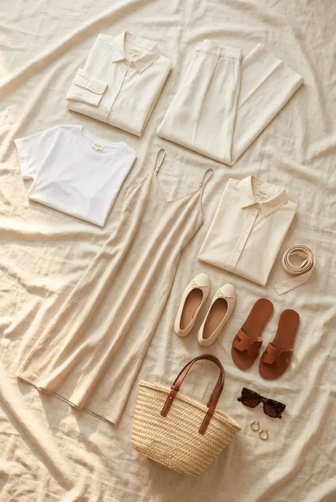 Nine old money summer capsule wardrobe pieces flat lay including linen shirt, trousers, midi dress, ballet flats, and straw tote.