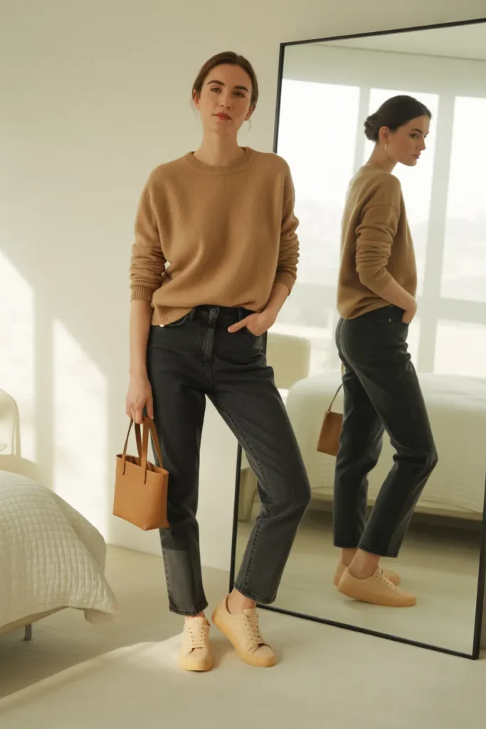 Oat cashmere sweater styled with straight-leg jeans and white sneakers for neutral capsule wardrobe