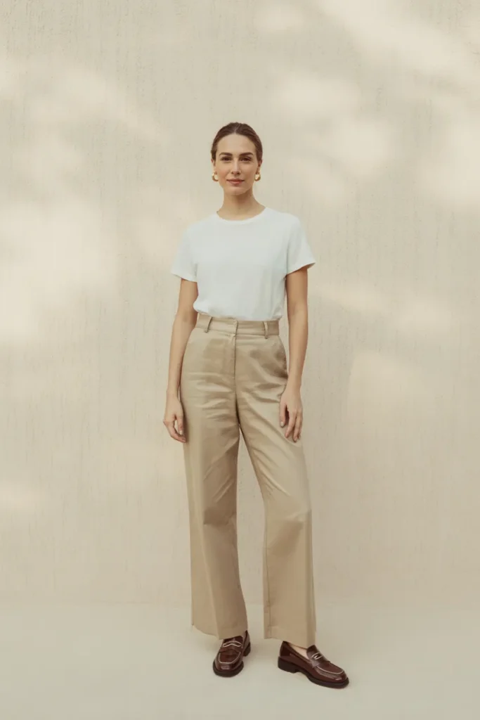 Oatmeal linen pants outfit with tucked white tee and brown loafers for everyday summer style