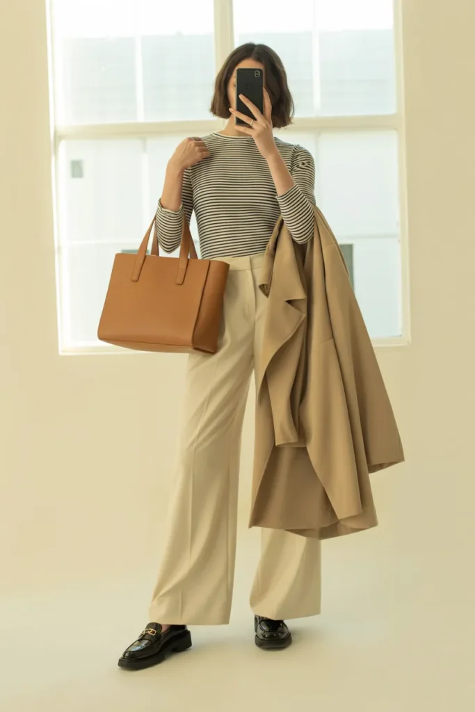 Old money fall outfit with striped Breton tee, cream wide-leg trousers, black loafers, and stone trench coat