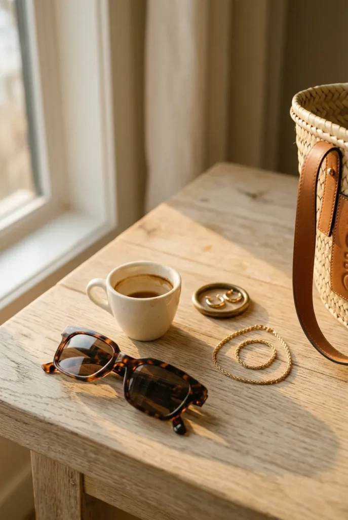 Old money summer accessories close-up with tortoiseshell sunglasses, gold hoop earrings, and woven straw tote.