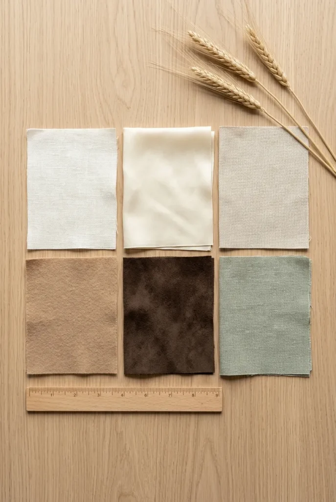 Old money summer outfit color palette fabric swatches in ivory, cream, oat, camel, espresso, and sage.