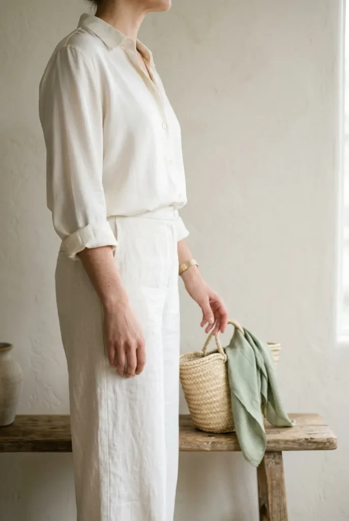 Old money summer outfits aesthetic in ivory silk shirt, ecru linen trousers, gold watch, and woven tote.