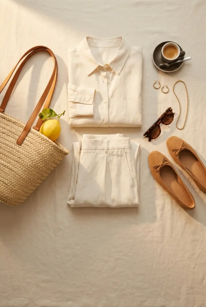 Old money summer outfits flat lay with cream linen shirt, ecru trousers, straw tote, tan ballet flats, and tortoiseshell sunglasses.