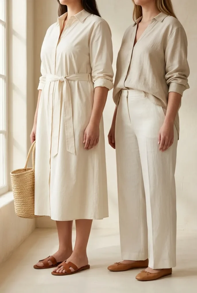 Old money summer outfits for curvy and midsize body types in poplin midi dress and wide-leg linen trousers.