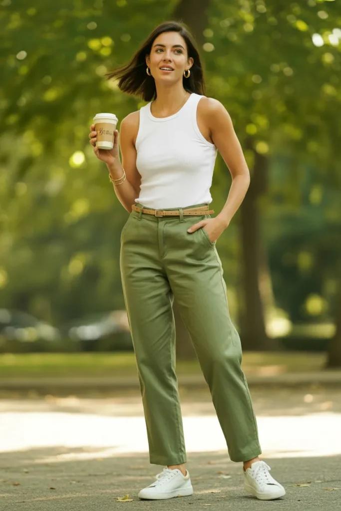 Olive linen pants casual classy weekend outfit with white sneakers and ribbed tank