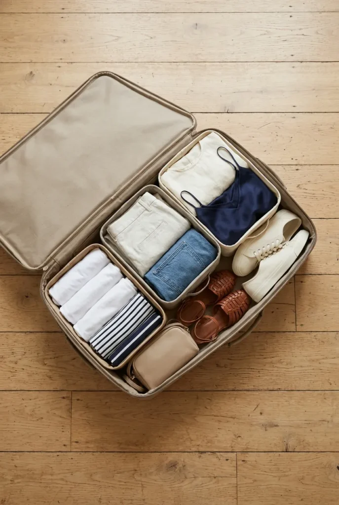 Open carry-on suitcase packed with European summer capsule wardrobe using three neutral packing cubes and woven sandals.