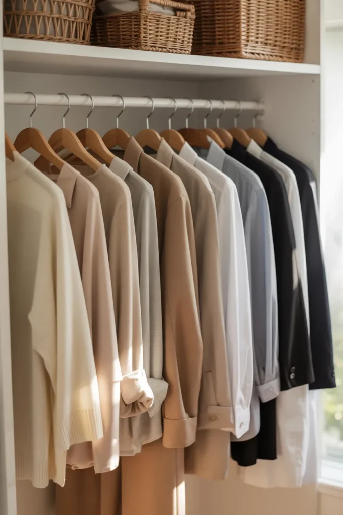 Organized capsule wardrobe closet after declutter with neutral palette