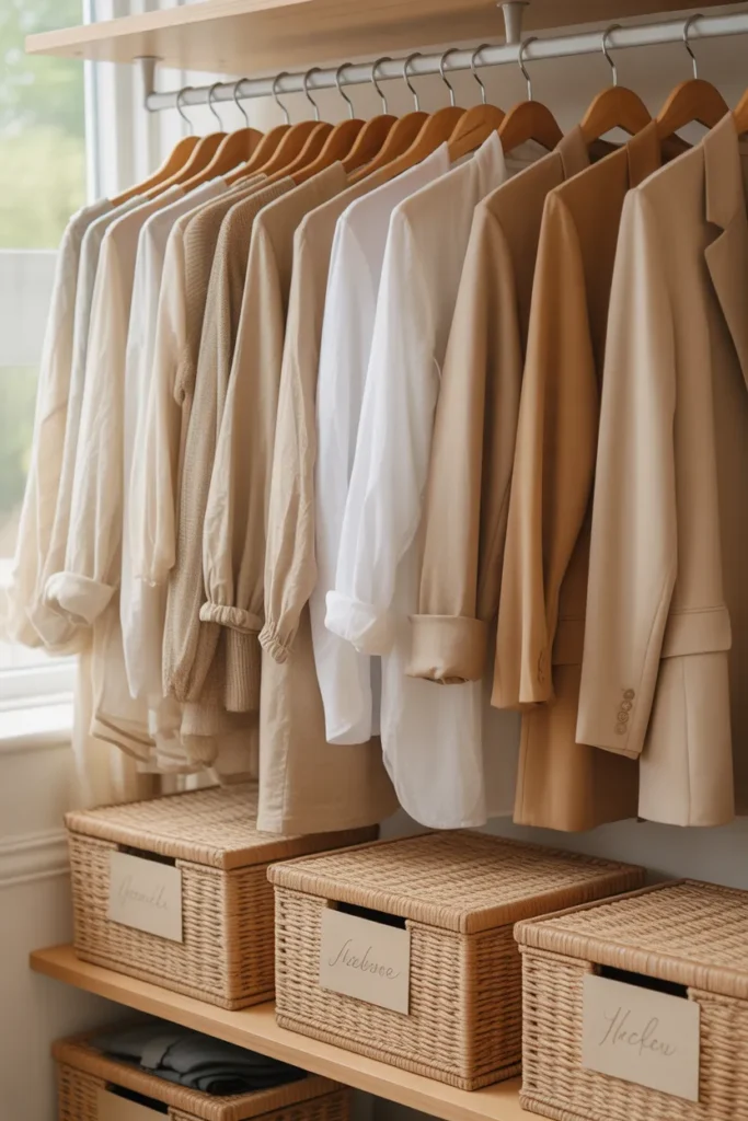 Organized capsule wardrobe closet with neutral clothing and linen storage boxes for seasonal transition