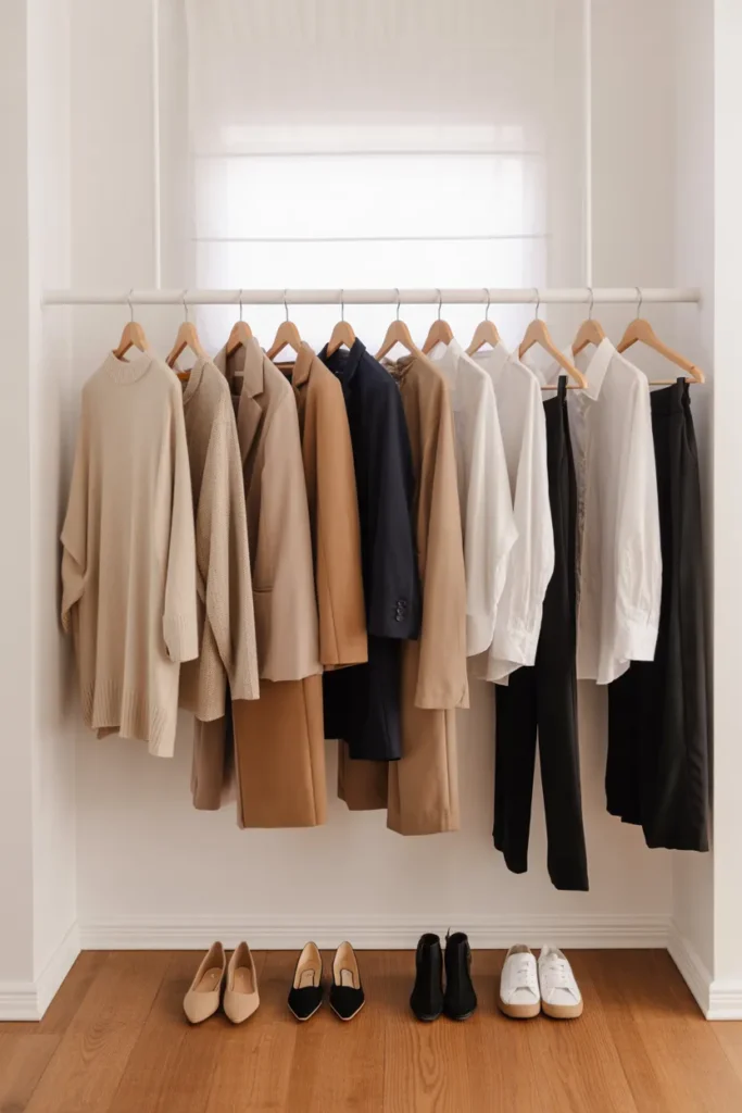 Organized mom capsule wardrobe closet in neutral palette with shoes lined up below hanging clothes.