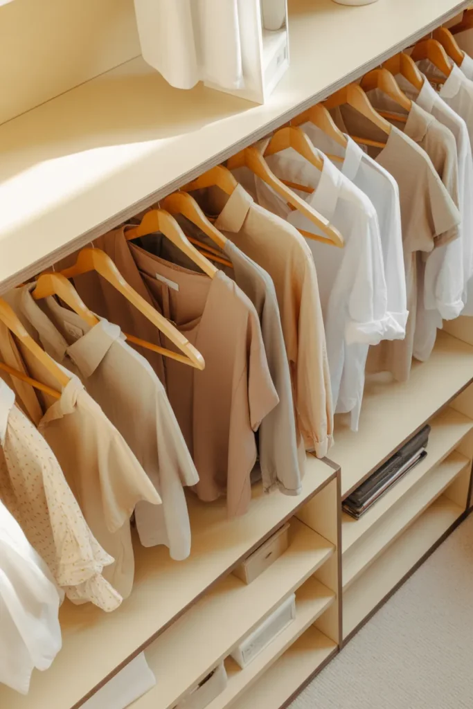 Organized neutral capsule wardrobe closet with warm wood hangers and neutral pieces