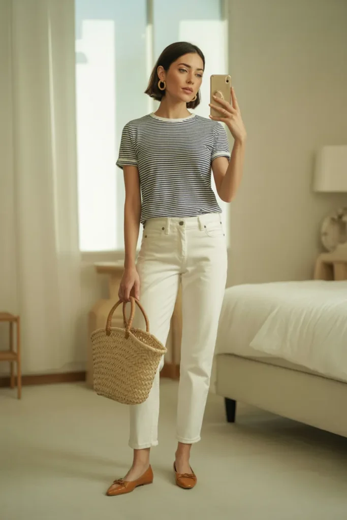 Outfit with white straight-leg jeans, striped tee, and tan ballet flats for a spring to summer transitional look
