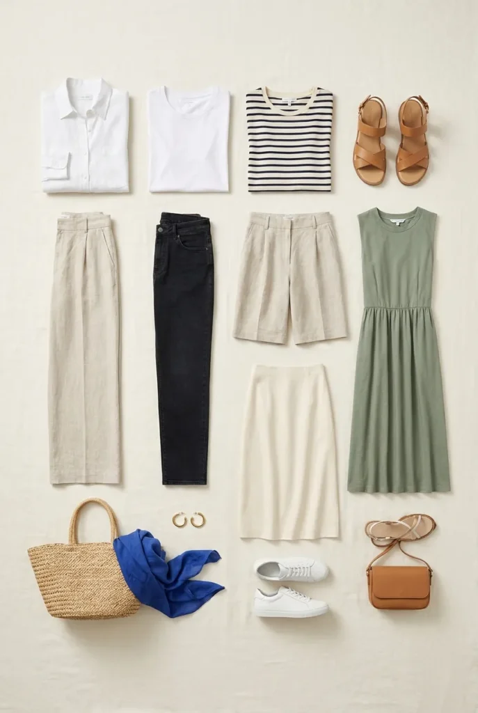Overhead flat lay of a 12-piece neutral italy capsule wardrobe for summer in a carry-on