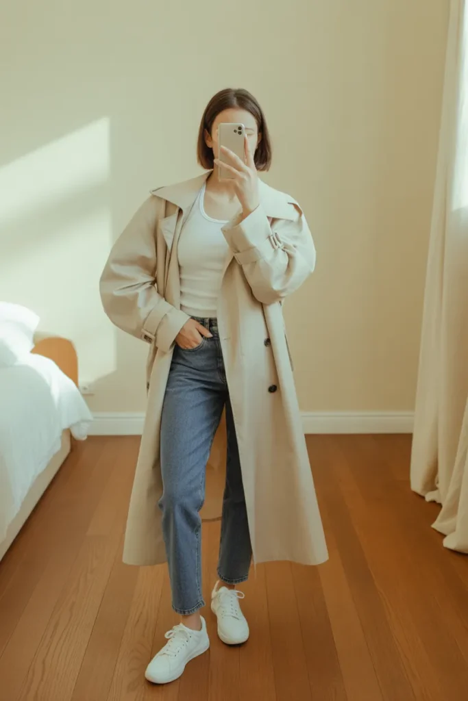 Oversized cream trench coat outfit with white tank, straight-leg jeans, and sneakers in clean girl aesthetic.
